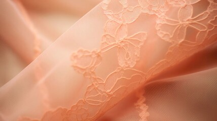 Closeup of a Peach Fuzz lace bralette, featuring a mesh overlay and dainty lace trim for a feminine touch. - obrazy, fototapety, plakaty