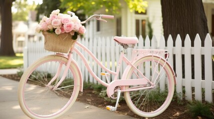Fototapeta na wymiar A vintage bicycle with a pink basket filled with flowers, parked against a white picket fence evoking a sense of nostalgia and charm.