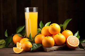 Fresh fruit and orange juice on wooden table