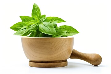 Fresh green basil leaves mixed with mortar on a white surface