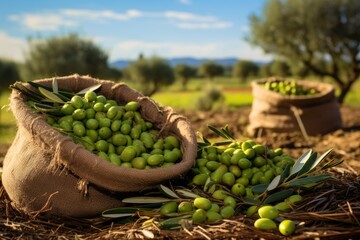 Fresh olives were gathered in sacks in a Cretan field for olive oil production utilizing green nets - obrazy, fototapety, plakaty