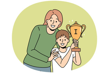 Smiling young mother hug little son holding golden trophy celebrate win in competition or contest. Happy mom embrace child with prize. Winner and success. Vector illustration.