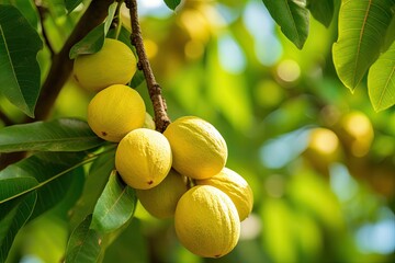 Fresh yellow nutmeg fruit hanging on a nut meg tree with green leaves Myristica fragrans plantation in Kerala