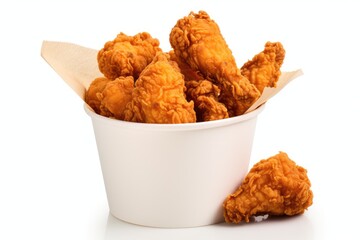 Fried chicken on white background isolated in paper bucket