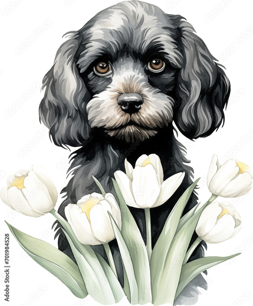 Poster Cavapoo with flowers illustration created with Generative AI technology