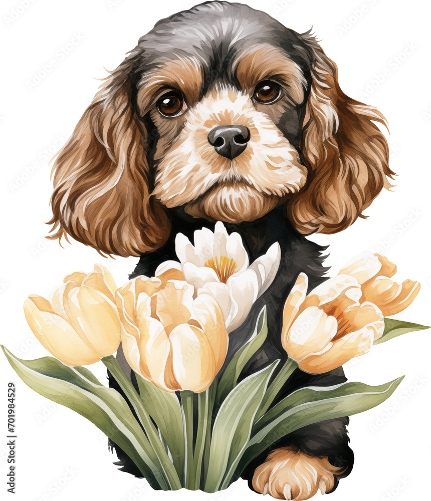 Poster Cavapoo with flowers illustration created with Generative AI technology