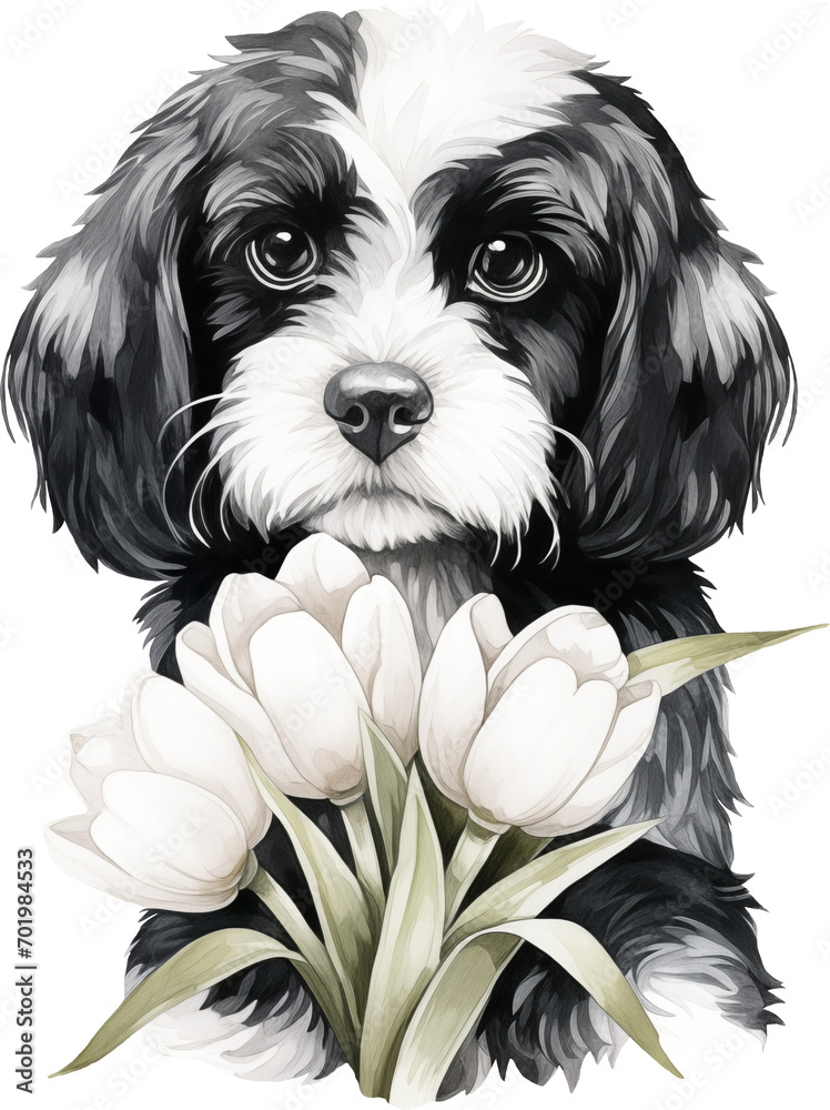 Poster Cavapoo with flowers illustration created with Generative AI technology