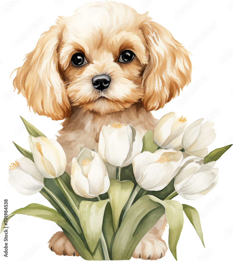 Poster Cavapoo with flowers illustration created with Generative AI technology
