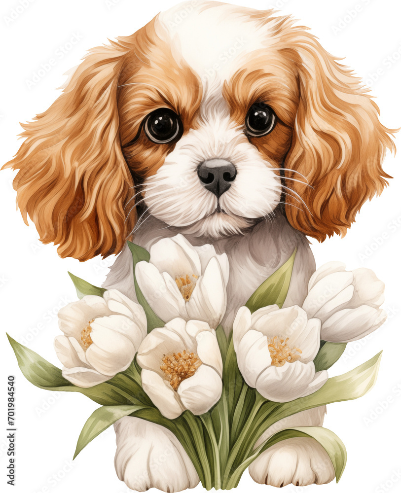 Poster Cavapoo with flowers illustration created with Generative AI technology