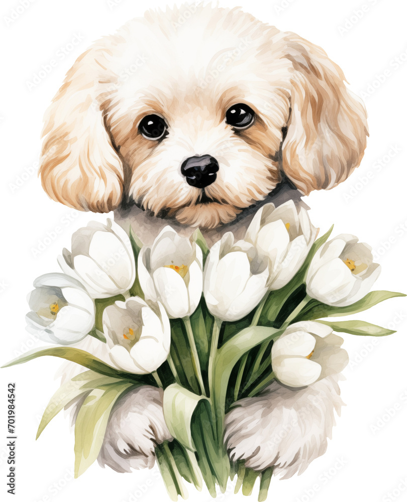 Poster cavapoo with flowers illustration created with generative ai technology