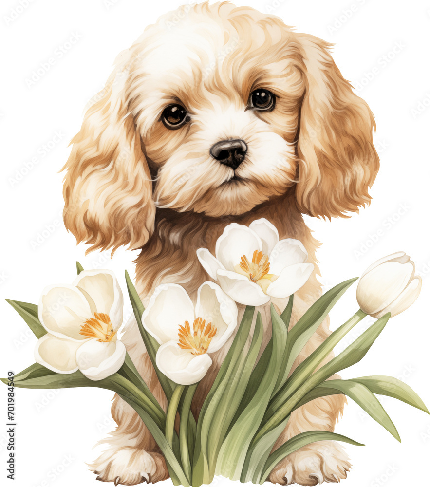 Poster Cavapoo with flowers illustration created with Generative AI technology