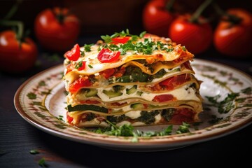 Healthy Italian appetizer vegetable lasagna with mozzarella and fresh veggies on a plate - obrazy, fototapety, plakaty