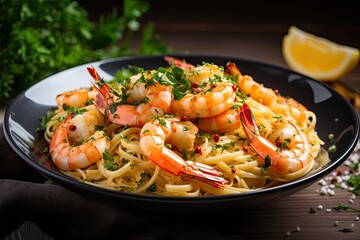 Homemade shrimp scampi pasta with parsley