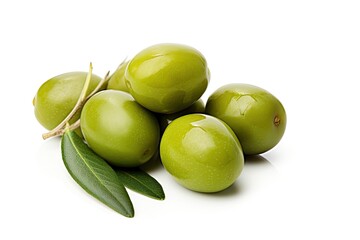 Isolated green olives deliciously showcased on a white backdrop - obrazy, fototapety, plakaty