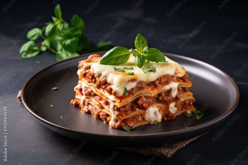 Canvas Prints Italian meat lasagna with basil and Parmesan on gray concrete