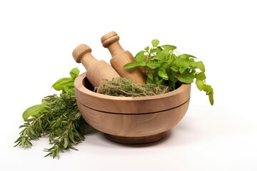 Isolated white background with herb infused mortar