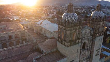 Santo Domingo church in Oaxaca, Mexico, at sunset drone view top 