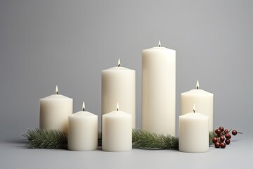 Fototapeta na wymiar Isolated white candle on a white background Wax candle set for Christmas decoration