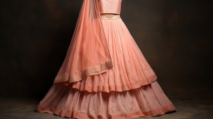 Minimalistic view of a Peach Fuzz colored lehenga choli, featuring a mix of traditional and contemporary designs.