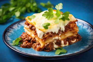 Italian ground beef lasagne with melted cheese and fresh parsley on blue background