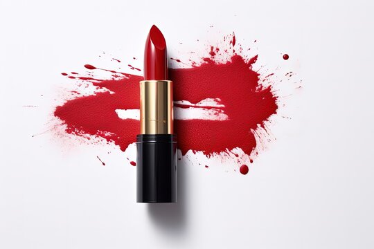 Isolated white background with smudged red lipstick bullet beside blank space