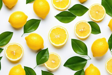 Minimalistic pattern of bright lemon slices on a light gray background showcasing juicy ripe yellow lemons and green leaves as a creative tropical food concept