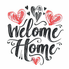 welcome home text with red heart
