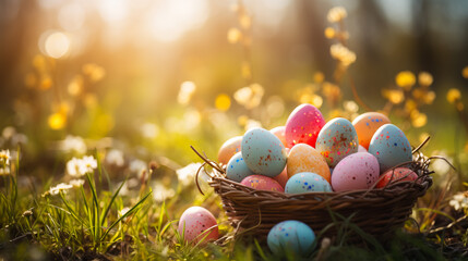 colorful easter eggs in a basket on the meadow - obrazy, fototapety, plakaty