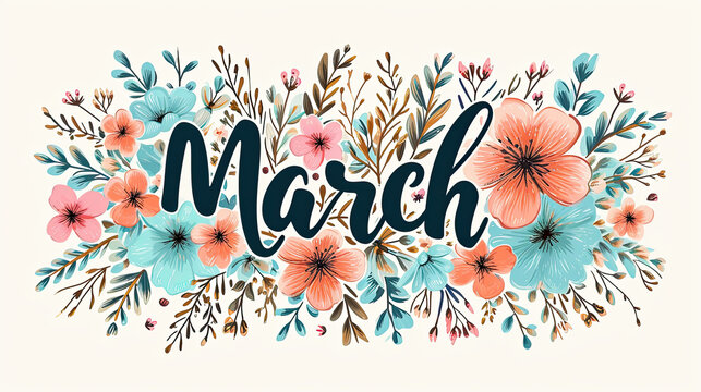 march calligraphy with floral background
