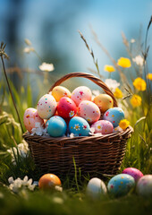 colorful easter eggs in a basket on the meadow