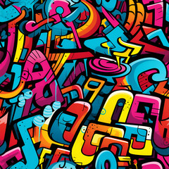 Street art-style graffiti letters on the wall, bright, contrasting colors