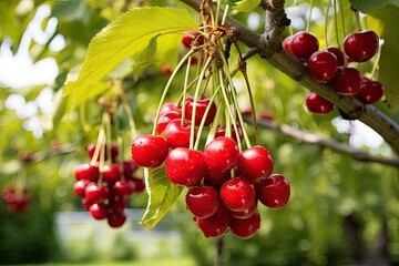 Ripe cherries hanging from a garden tree branch