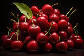 Ripe cherries stacked with stems