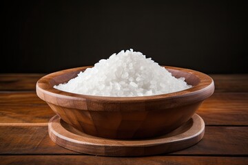 Salt in wooden bowl with large grains - obrazy, fototapety, plakaty