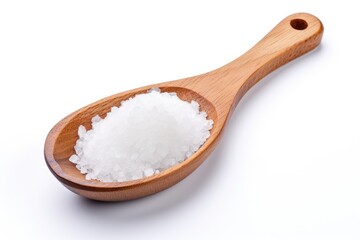Fototapeta na wymiar Salt on white background in a wooden spoon