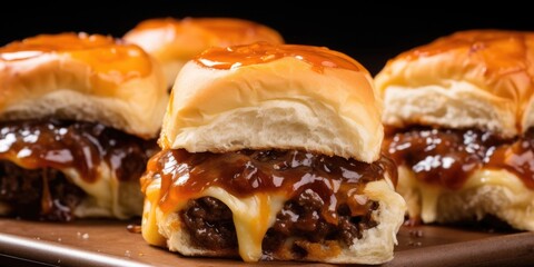 Pictureperfect sliders from a gourmet burger truck, featuring juicy, handformed mini patties sandwiched between a fluffy brioche bun, accompanied by a medley of caramelized onions, melted - obrazy, fototapety, plakaty