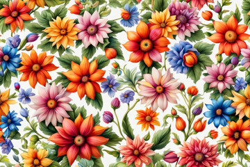 Seamless vibrant colorful flowers pattern. Fantasy floral wallpaper. Generative ai