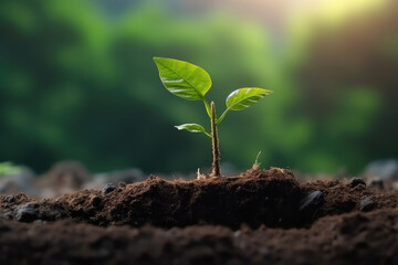 Fototapeta premium Young Plant Growing In Garden With Sunlight. Ature ecology and growth concept with copy space.