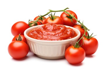 Tomato paste with tomatoes on white background