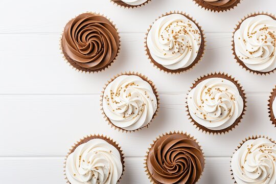 Top down photo of cupcakes with chocolate and vanilla whipped cream on a white wooden table Suitable for menu or confectionery catalog