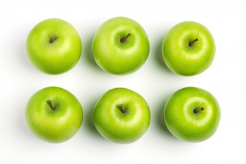 Top view of isolated Granny Smith green apples on white background