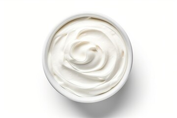 Top view of isolated bowl of sour cream or Greek yogurt on white background - obrazy, fototapety, plakaty