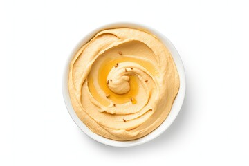 Top view of isolated tasty hummus on white smudged