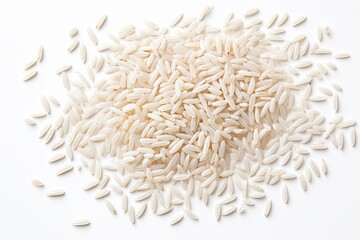 White background Top view Flat lay of isolated rice grains