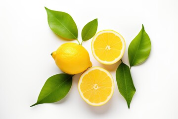 White background with isolated fresh lemon and leaves