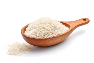 Fototapeta na wymiar White rice in wooden spoon on white background