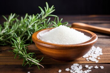Obraz na płótnie Canvas White sea salt in a wooden bowl with rosemary on a simple background Focus on bowl Text space available