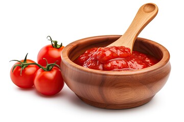 Wooden bowl and spoon with tomato paste on white background - Powered by Adobe