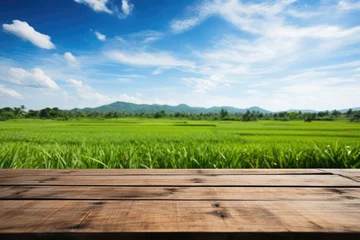 Papier Peint photo Rizières Wooden table on rice fields with blue sky empty