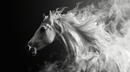 photogram of a horse running, abstract , with smoke, black and white, copy space